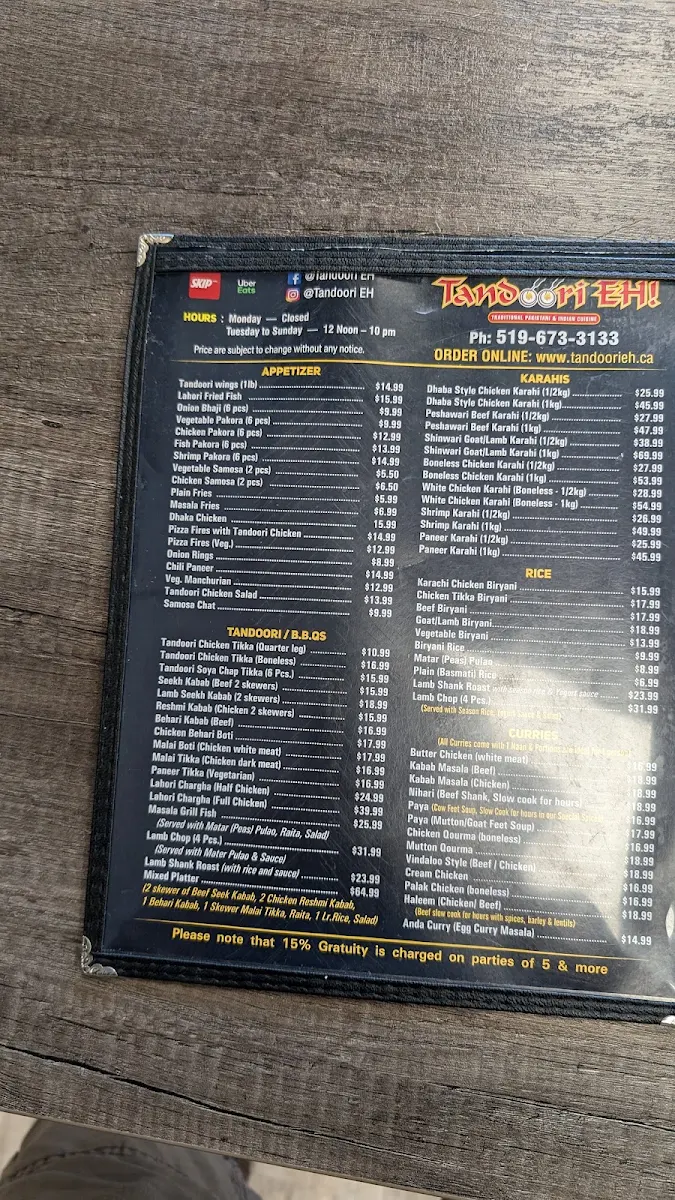 Menu, Tandoori Eh – Pakistani & Halal Restaurant
