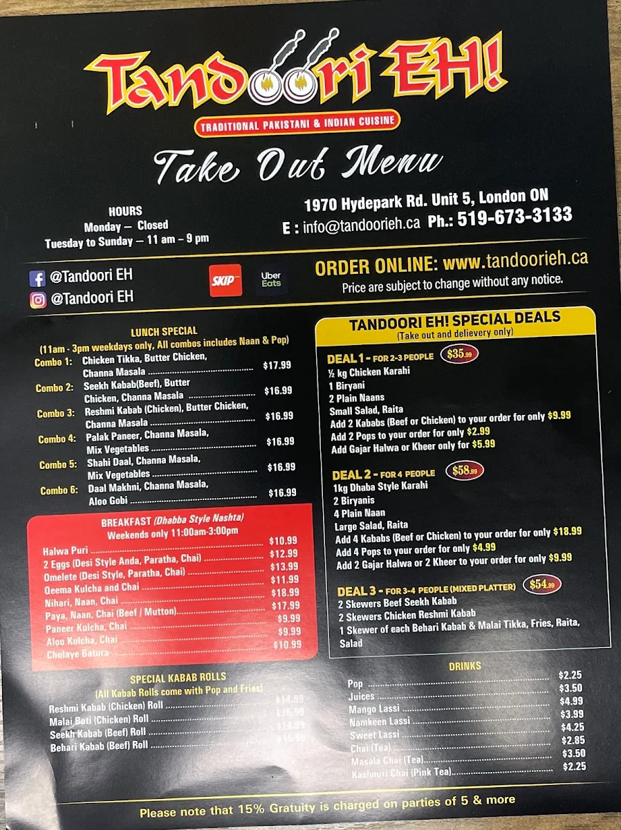 Menu, Tandoori Eh – Pakistani & Halal Restaurant