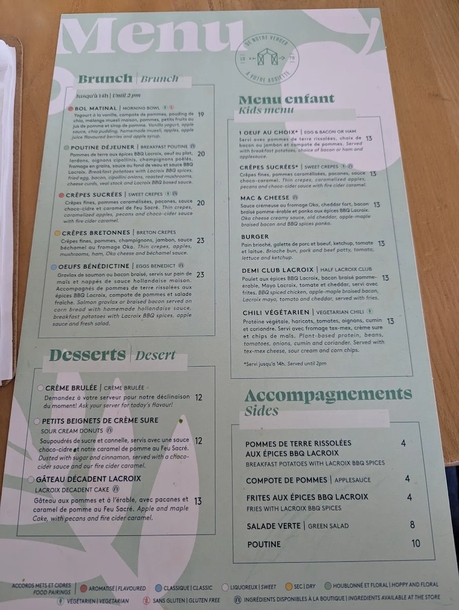 Menu, Cidrerie Lacroix