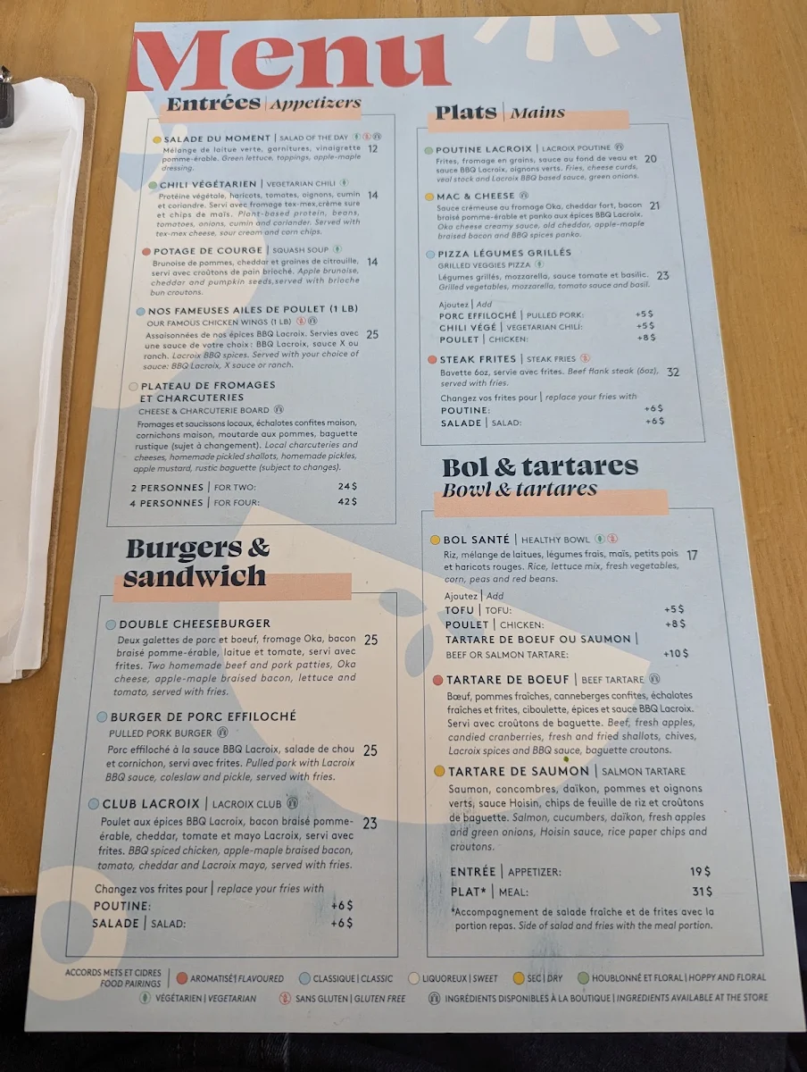 Menu, Cidrerie Lacroix
