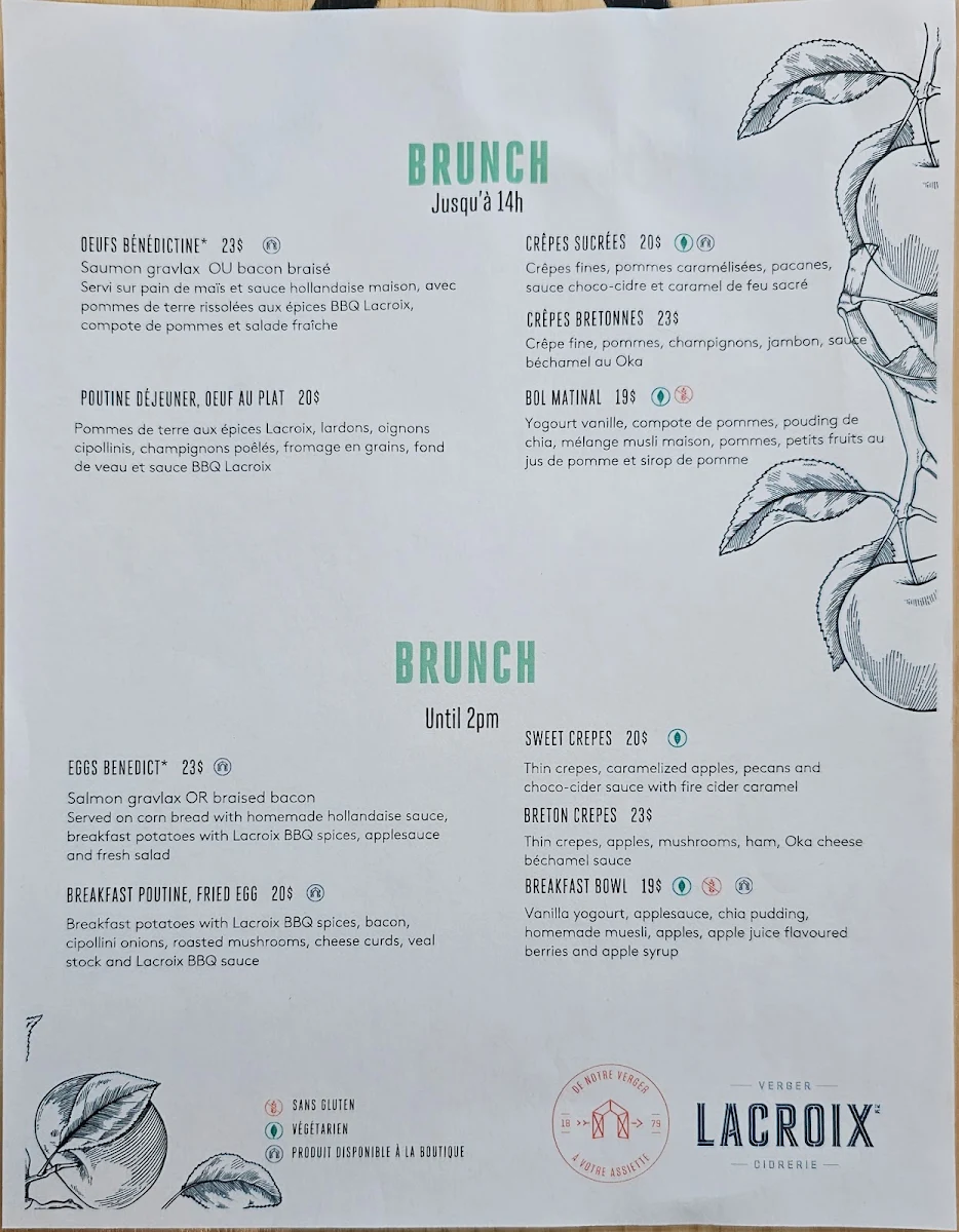 Menu, Cidrerie Lacroix
