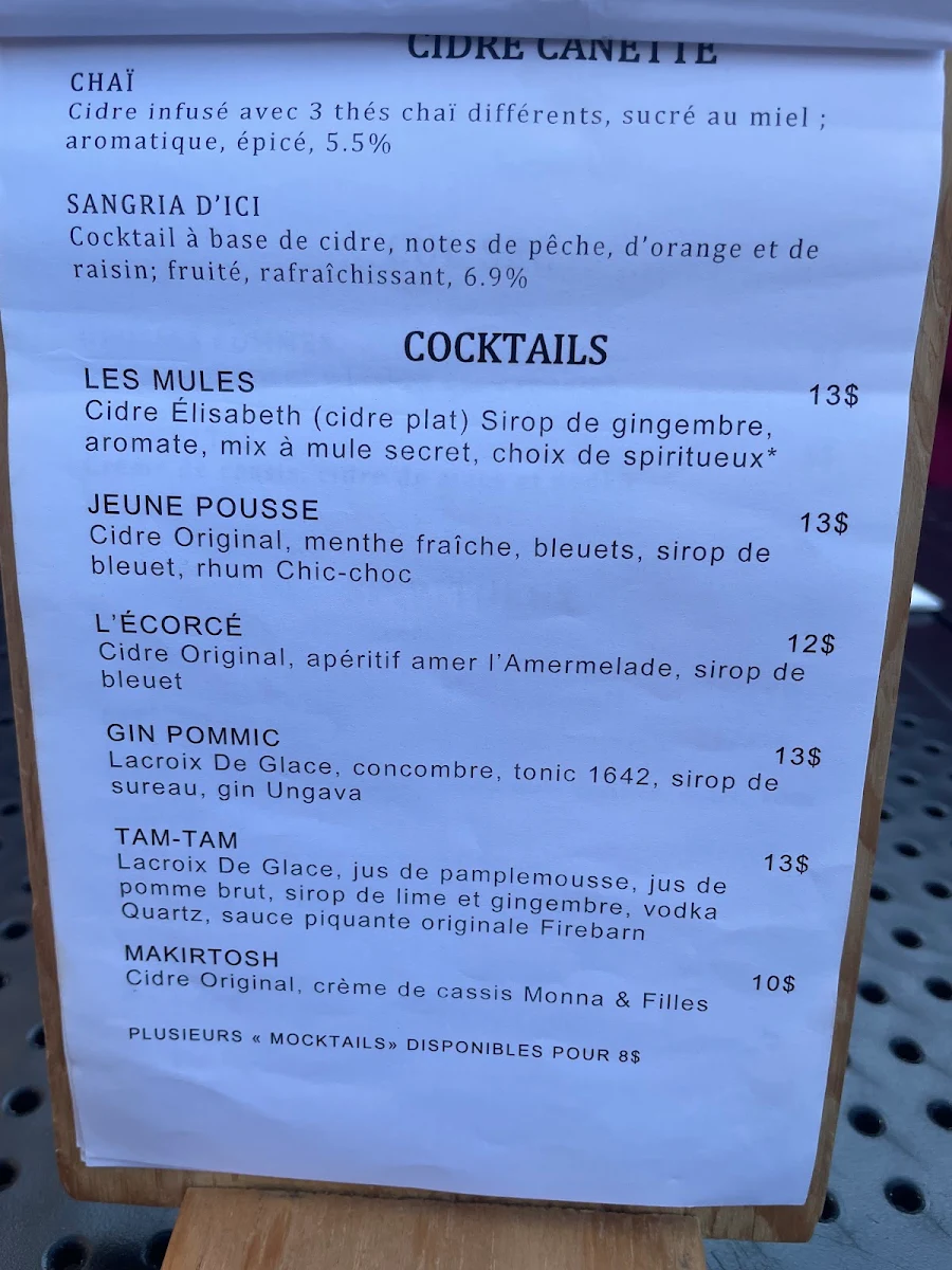 Menu, Cidrerie Lacroix