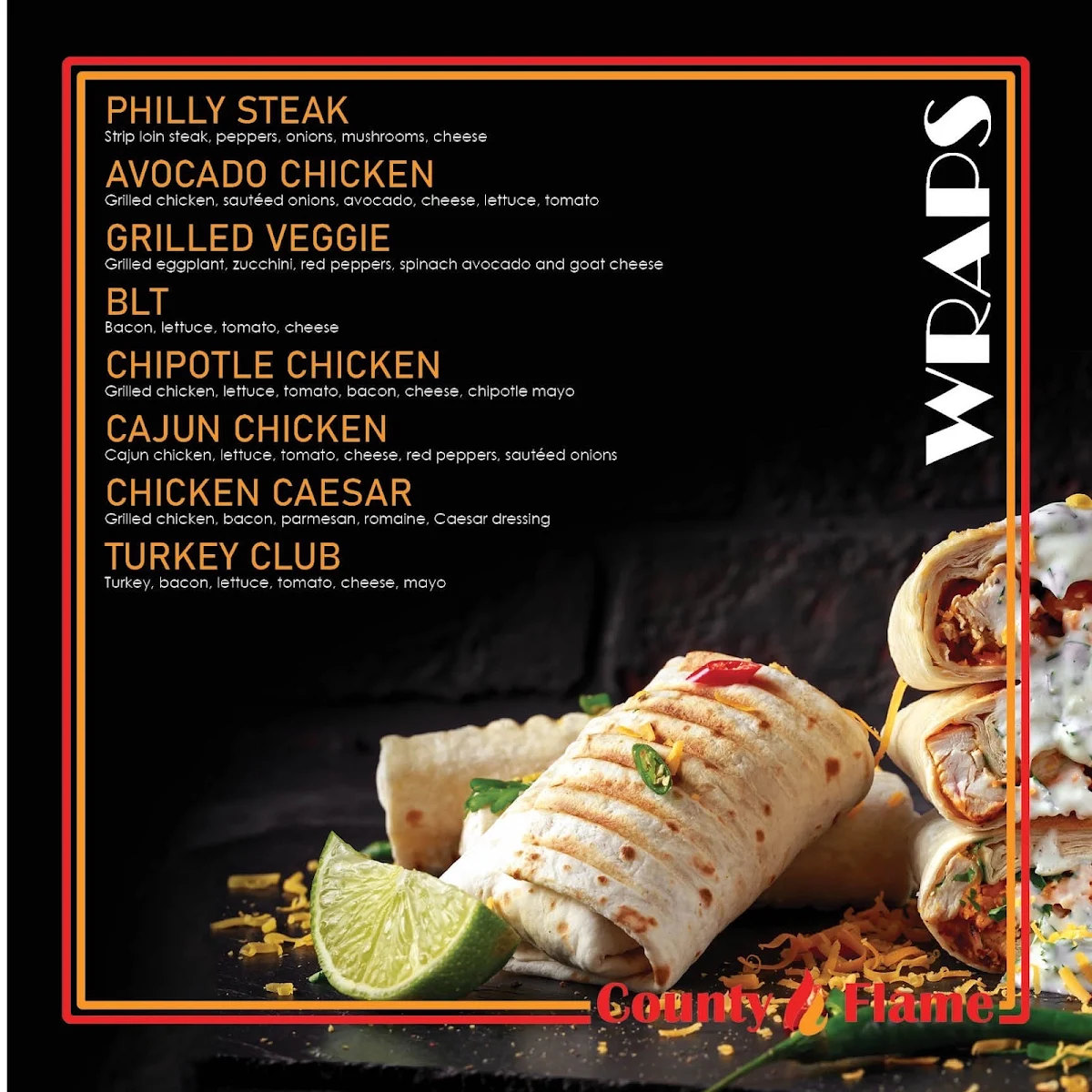 Menu, County flame
