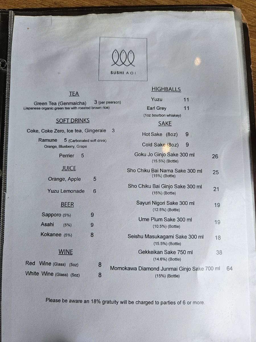 Menu, Sushi AOI