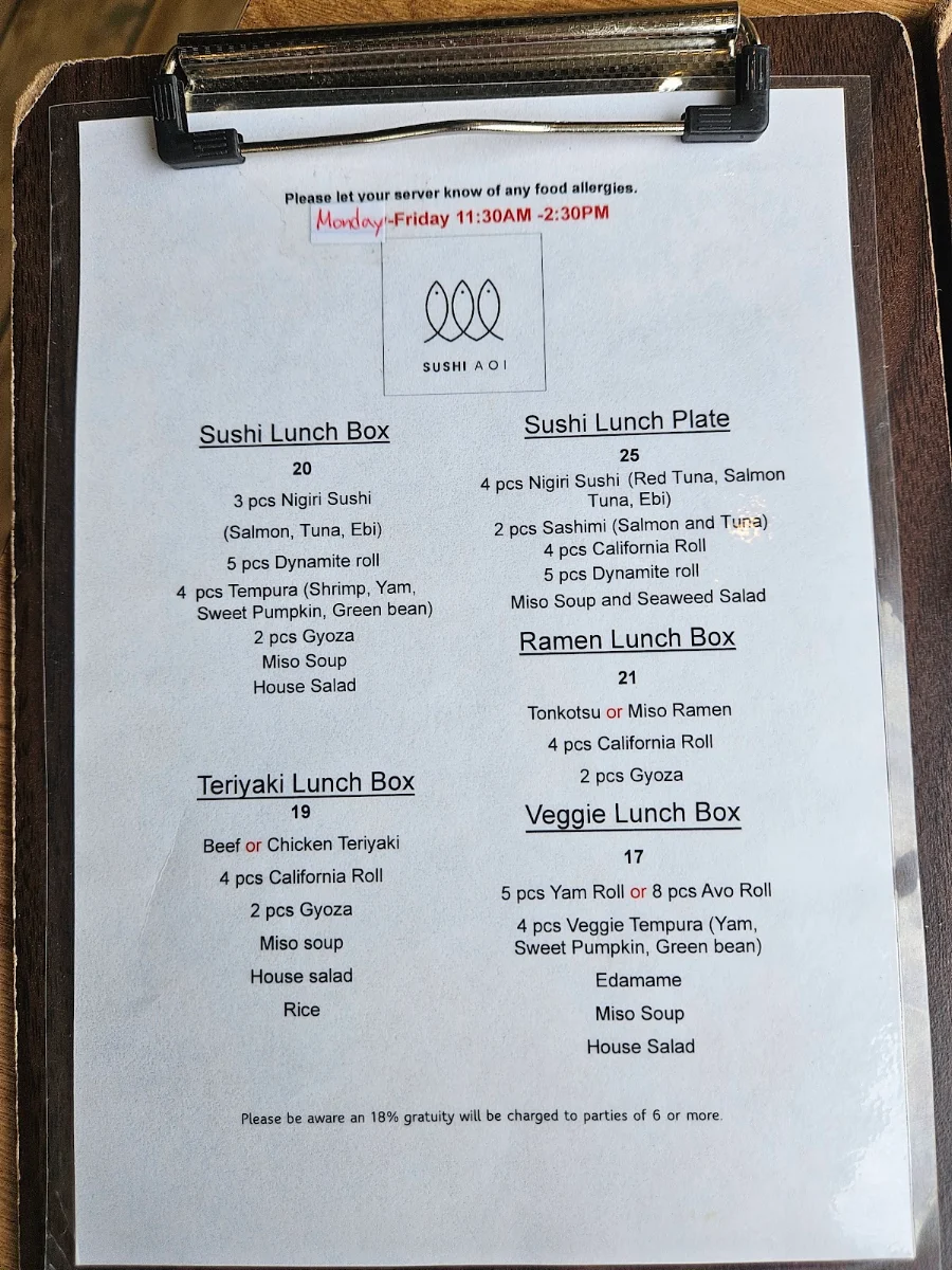 Menu, Sushi AOI