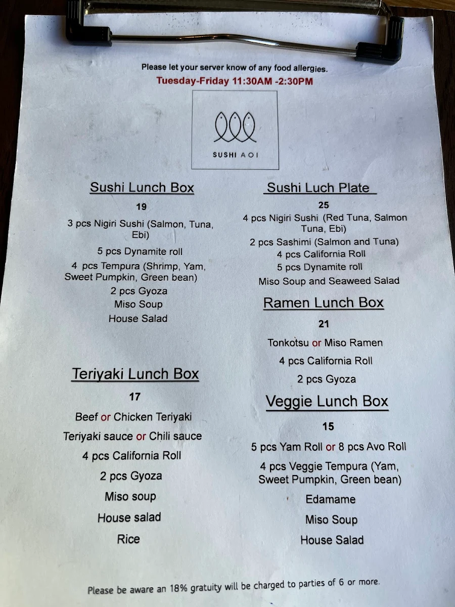 Menu, Sushi AOI