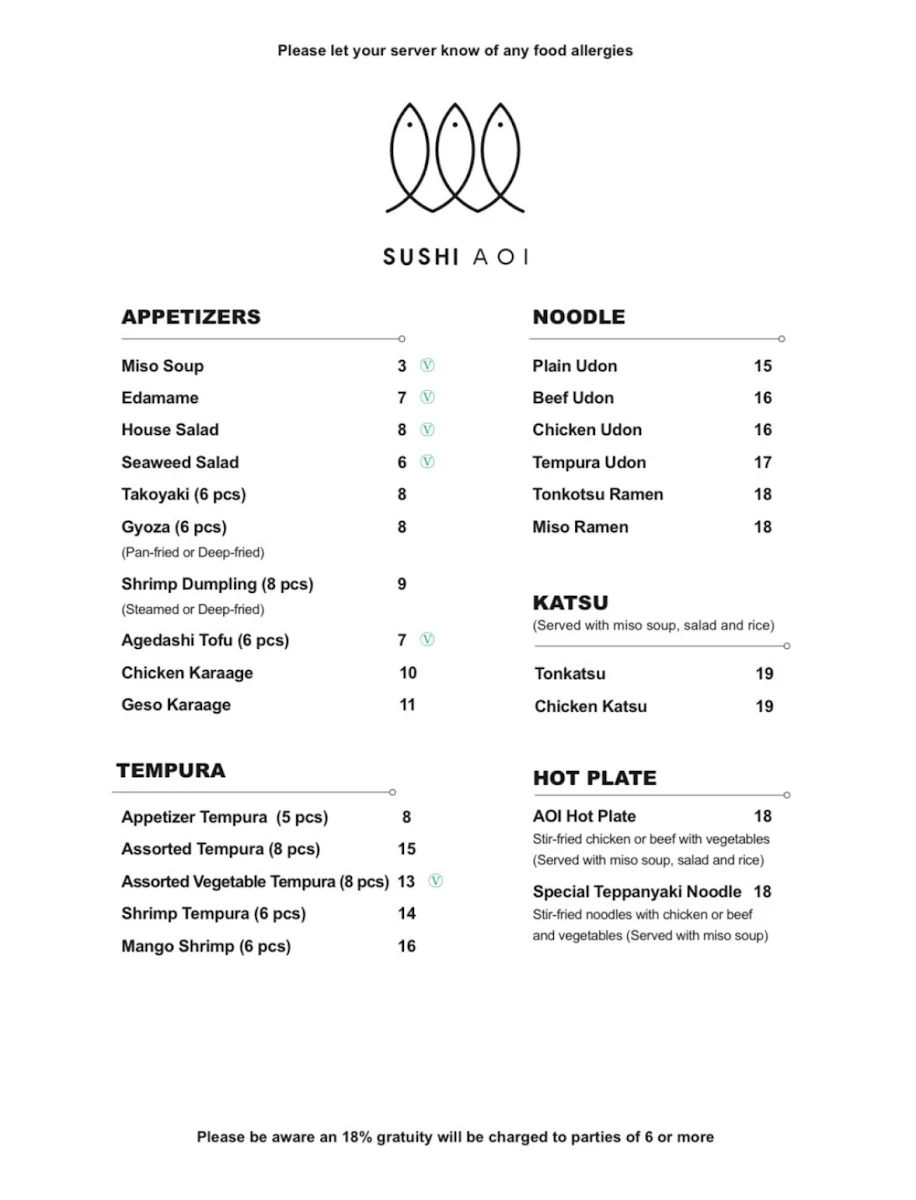 Menu, Sushi AOI