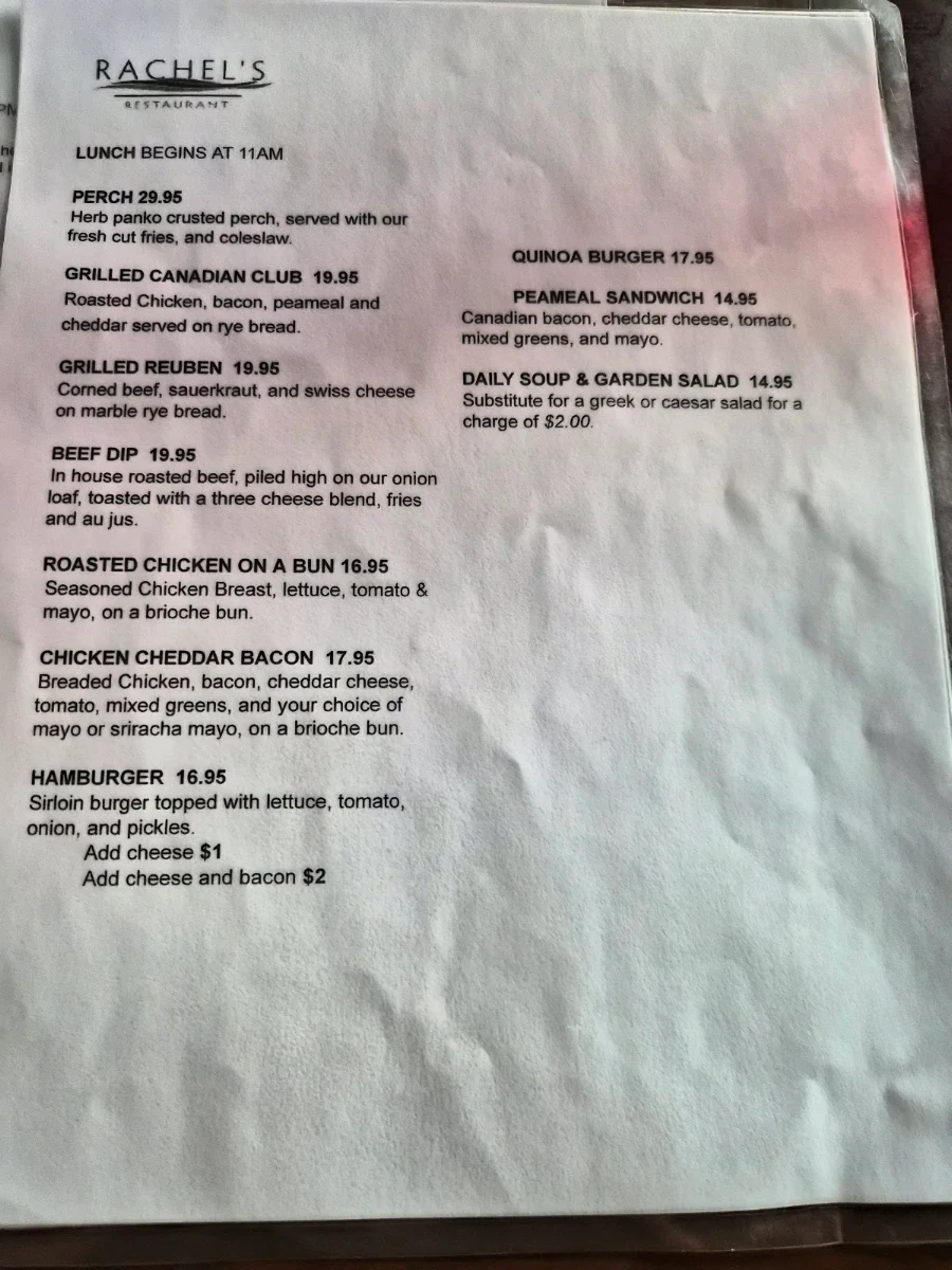 Menu, Rachel's Restaurant