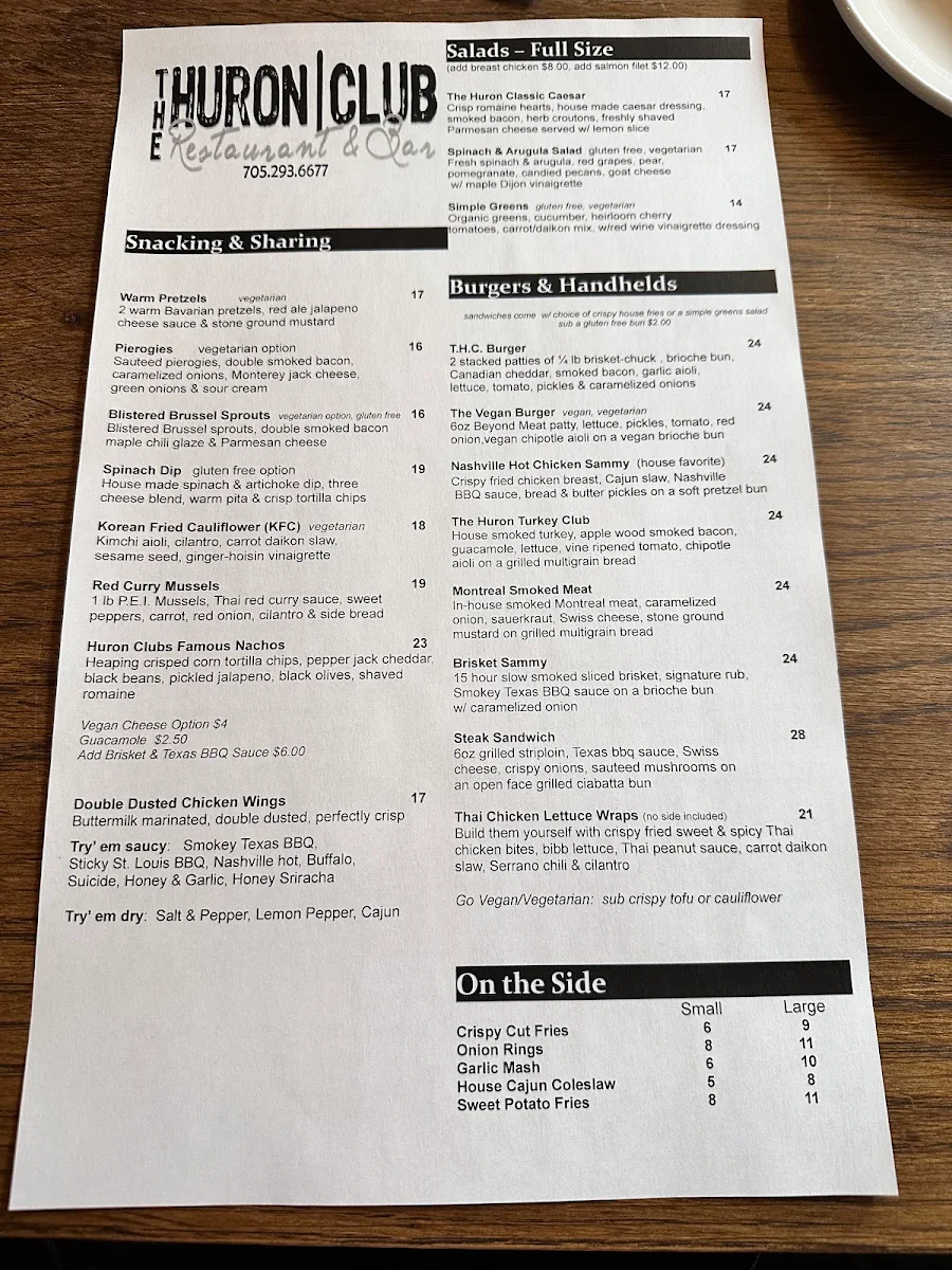 Menu, The Huron Club