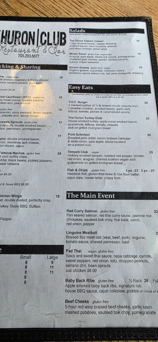 Menu, The Huron Club