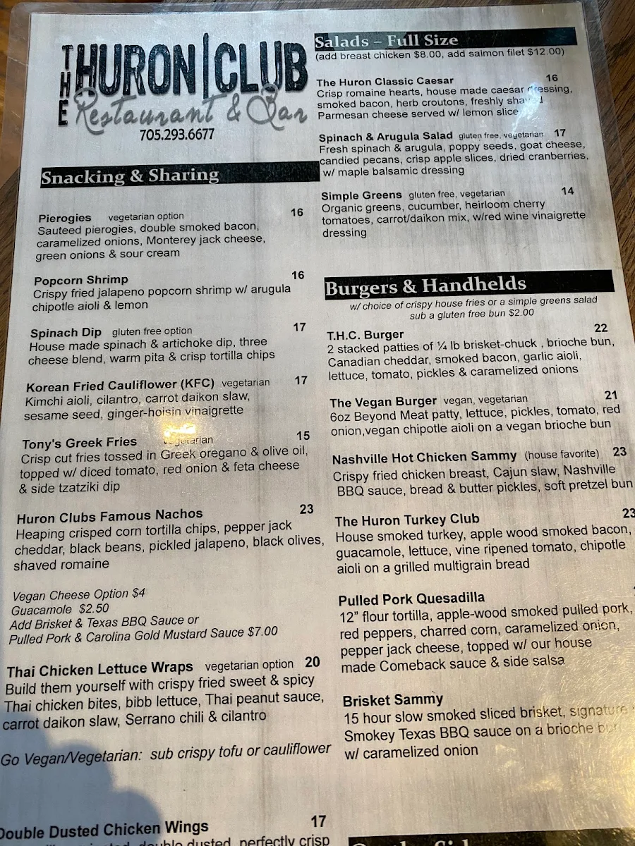 Menu, The Huron Club