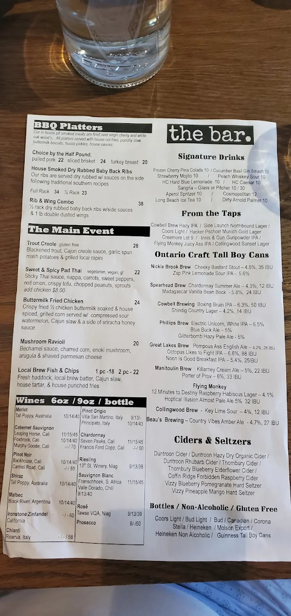 Menu, The Huron Club
