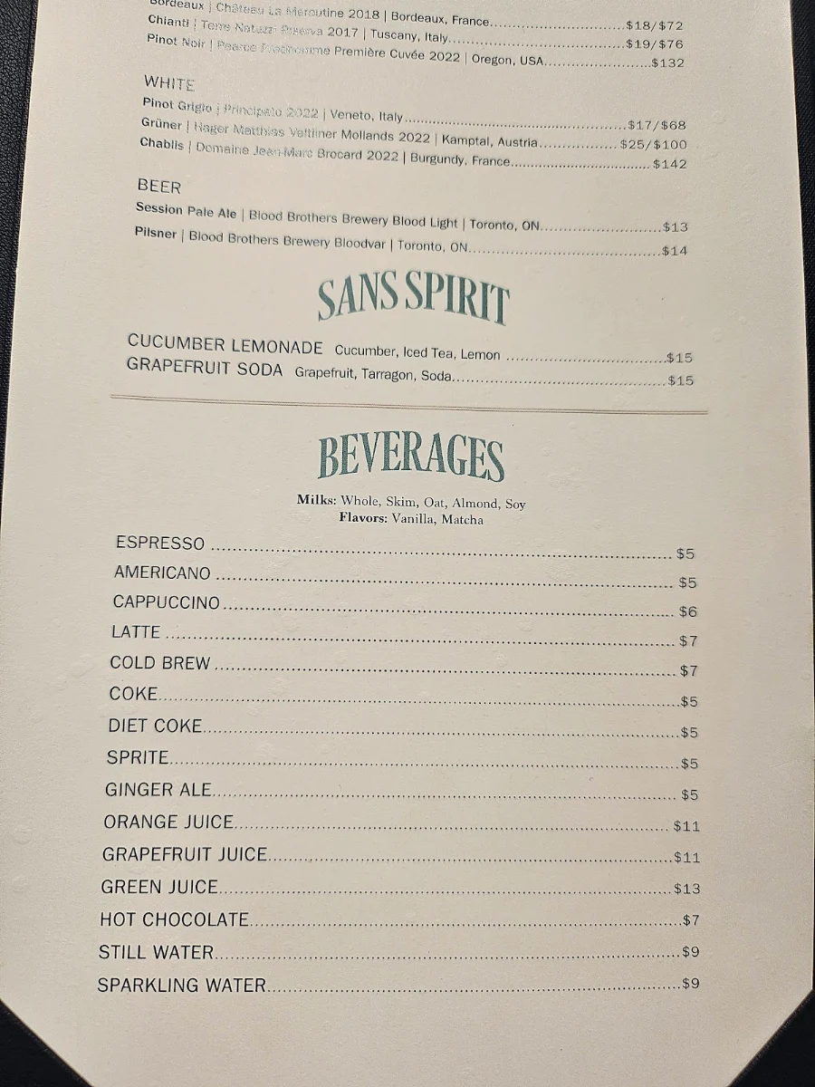 Menu, Sadelle's at Kith Toronto