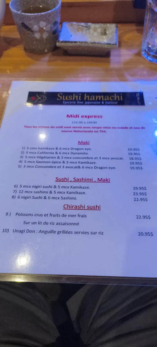 Menu, Hamachi Sushi