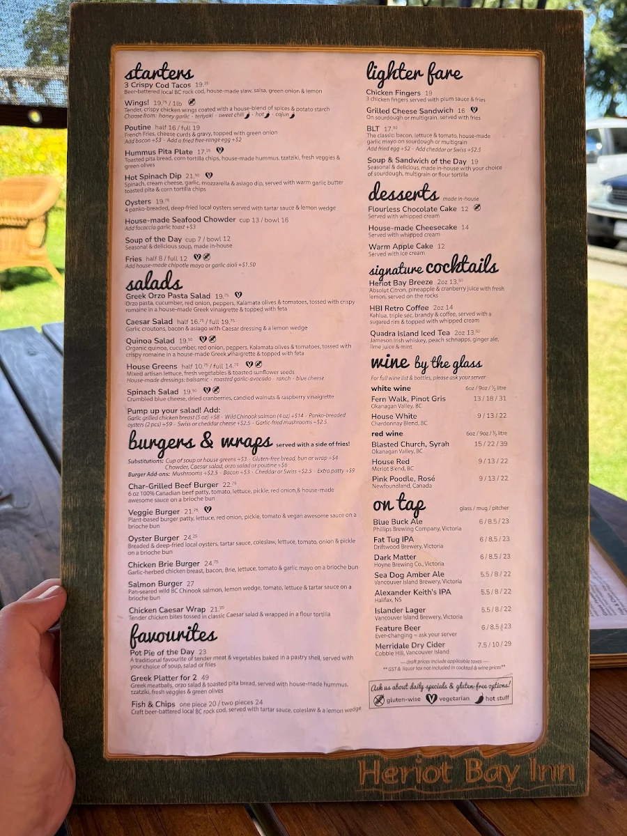 Menu, Heriot Bay Inn Pub