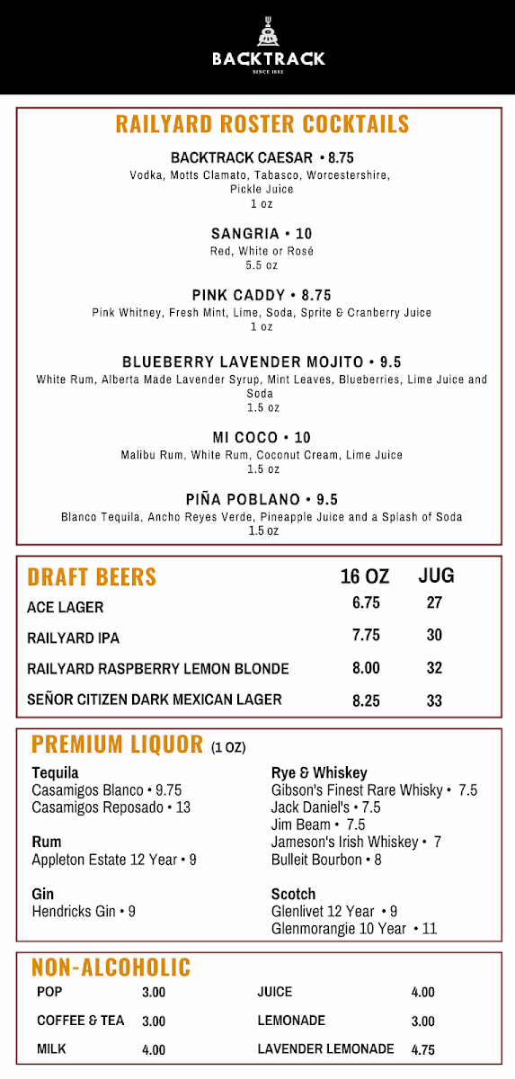 Menu, The BackTrack Lounge