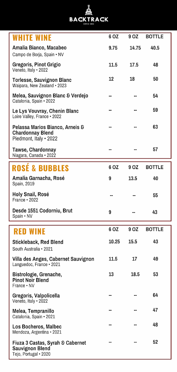 Menu, The BackTrack Lounge