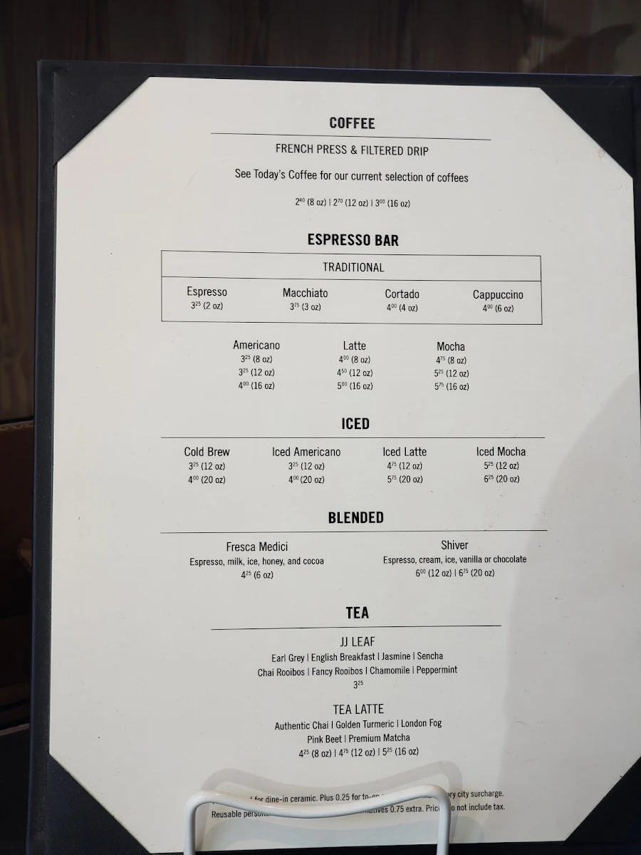 Menu, JJ Bean Coffee Roasters