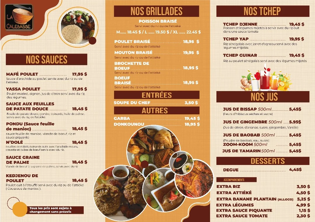Menu, Restaurant - Traiteur - Épicerie - La Calebasse Québec