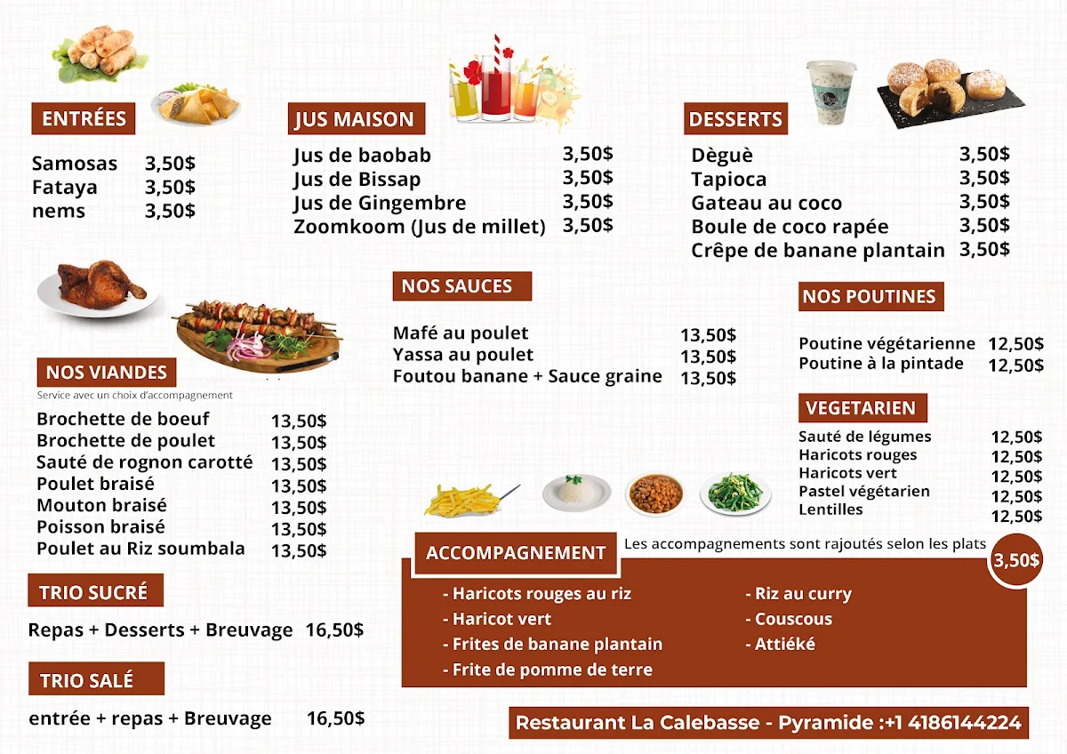 Menu, Restaurant - Traiteur - Épicerie - La Calebasse Québec