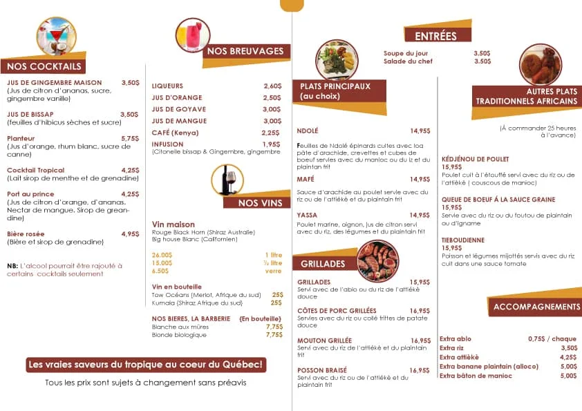 Menu, Restaurant - Traiteur - Épicerie - La Calebasse Québec