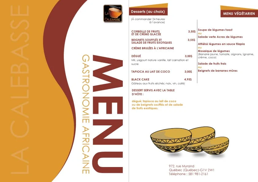 Menu, Restaurant - Traiteur - Épicerie - La Calebasse Québec