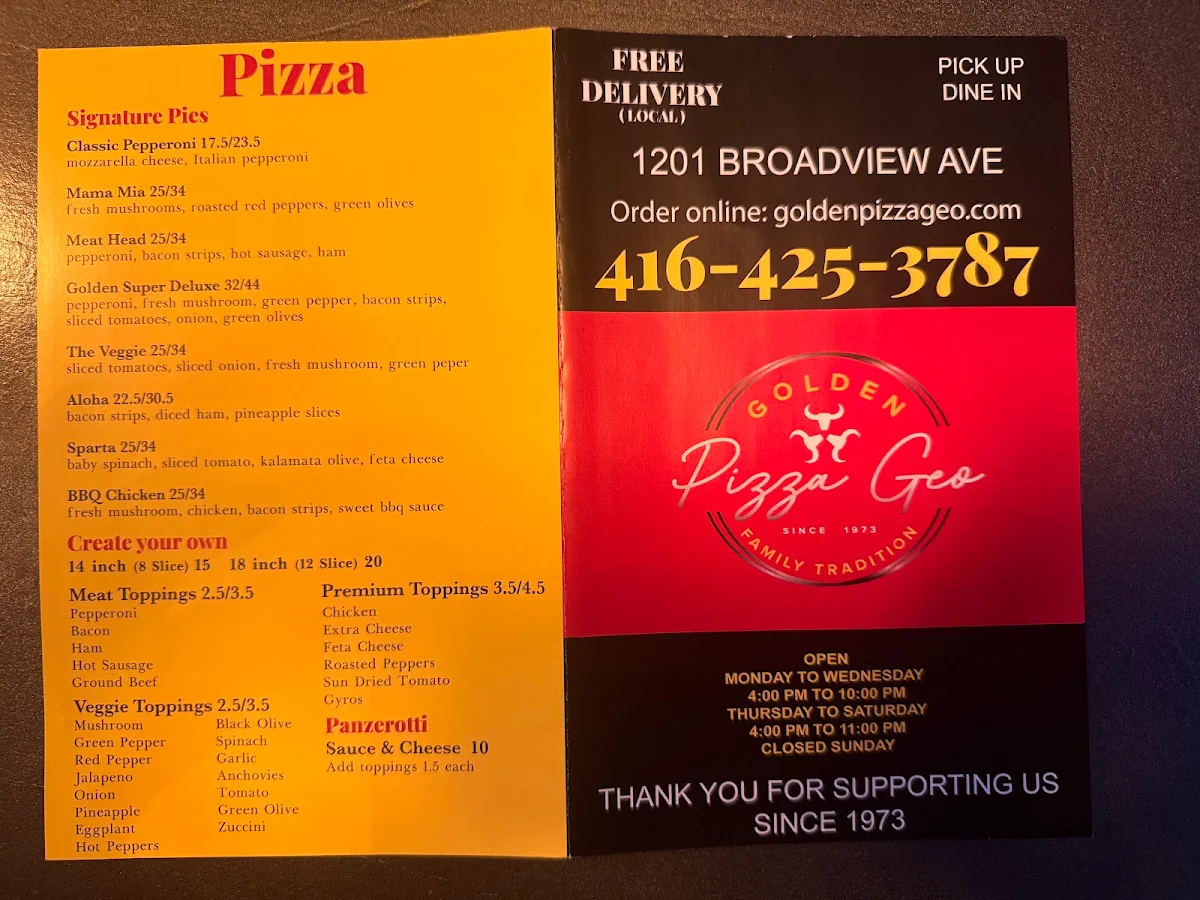 Menu, Golden Pizza Geo