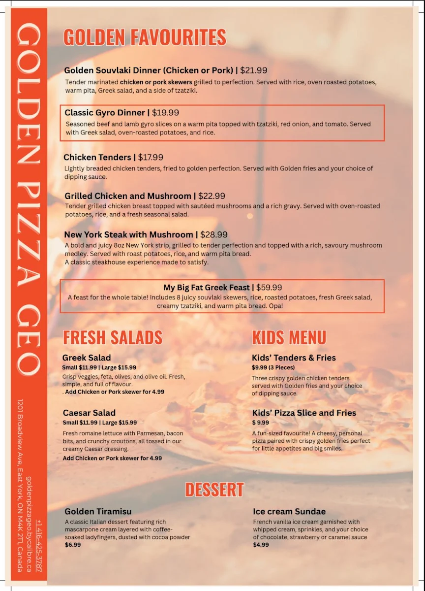 Menu, Golden Pizza Geo
