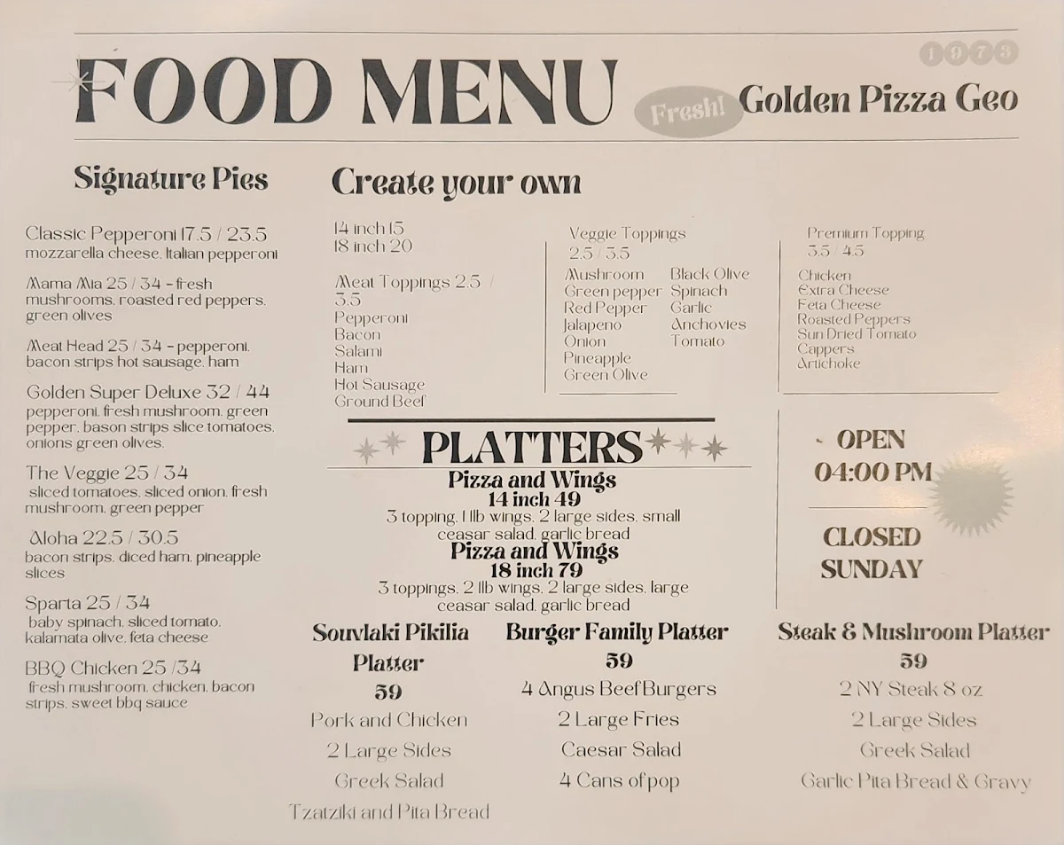 Menu, Golden Pizza Geo