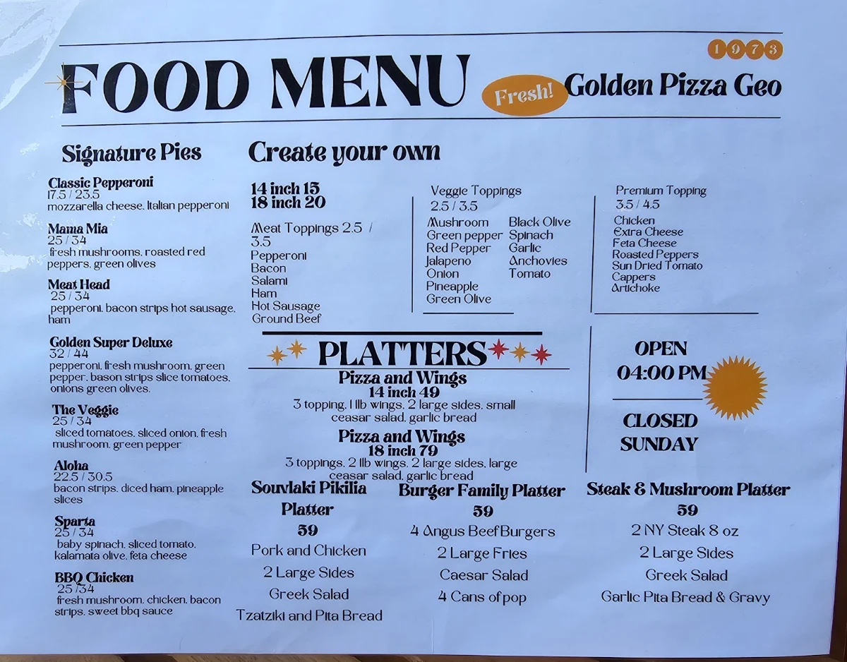 Menu, Golden Pizza Geo