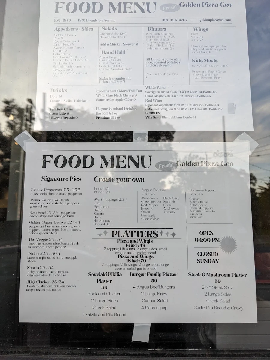 Menu, Golden Pizza Geo