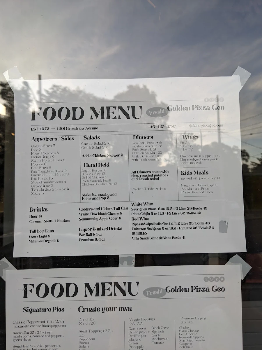 Menu, Golden Pizza Geo