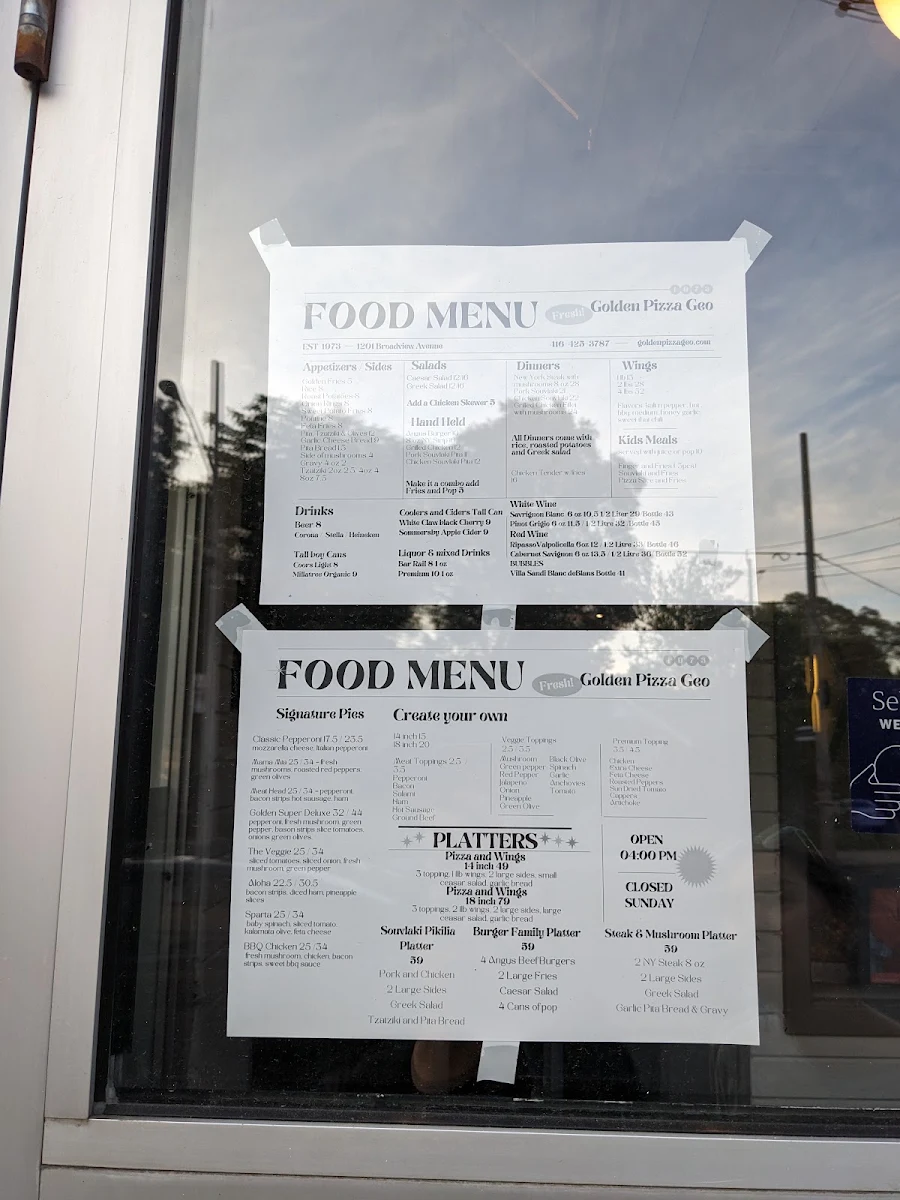 Menu, Golden Pizza Geo
