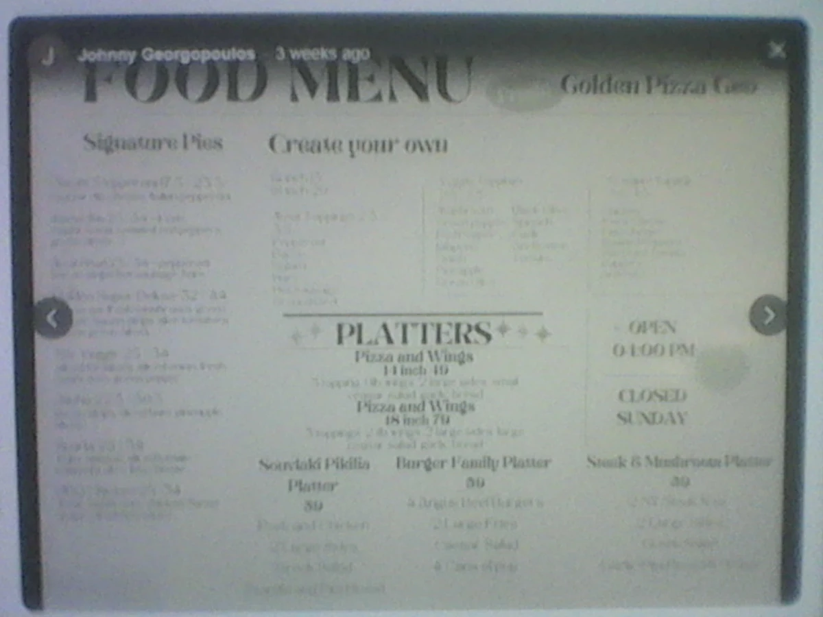 Menu, Golden Pizza Geo