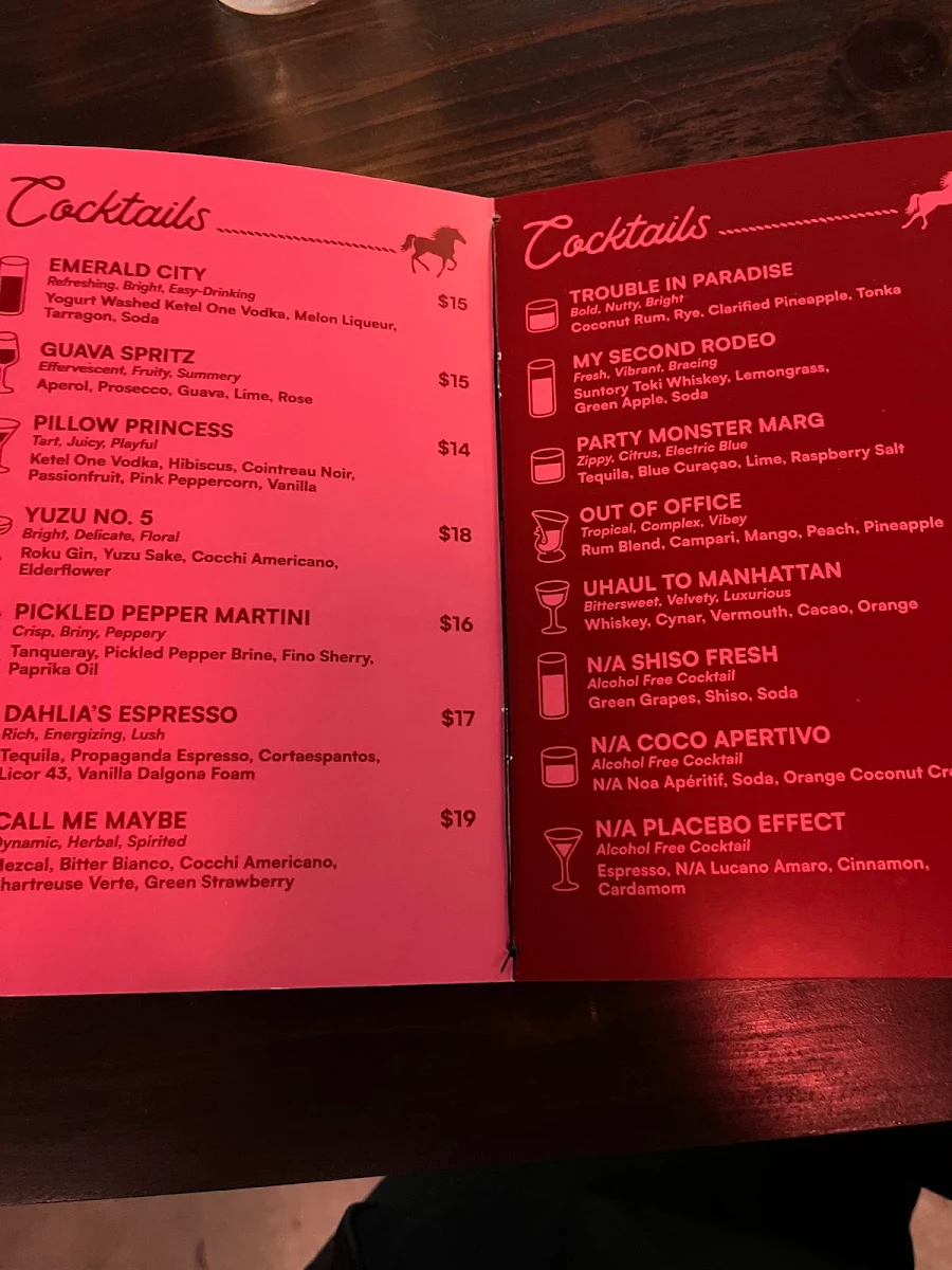 Menu, Pony Room Restaurant and Lounge