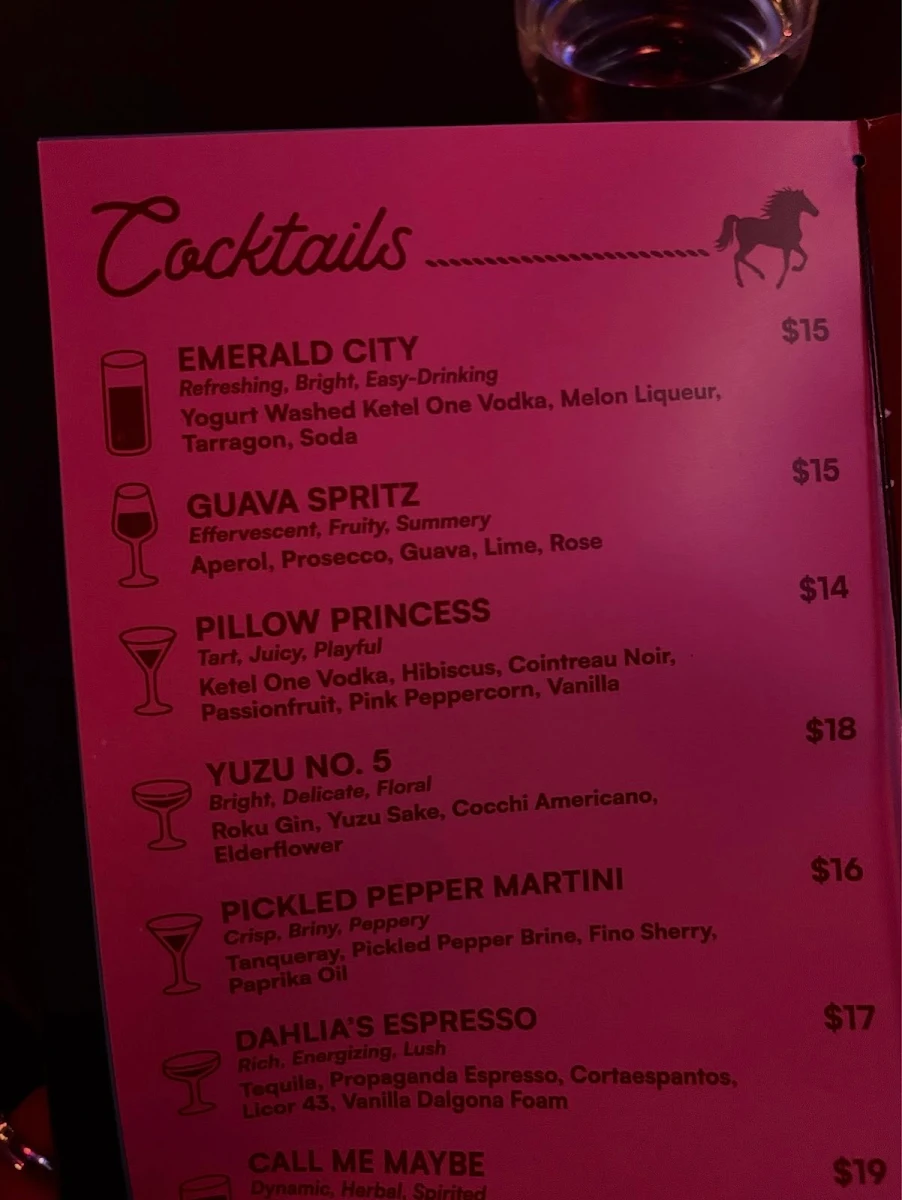 Menu, Pony Room Restaurant and Lounge