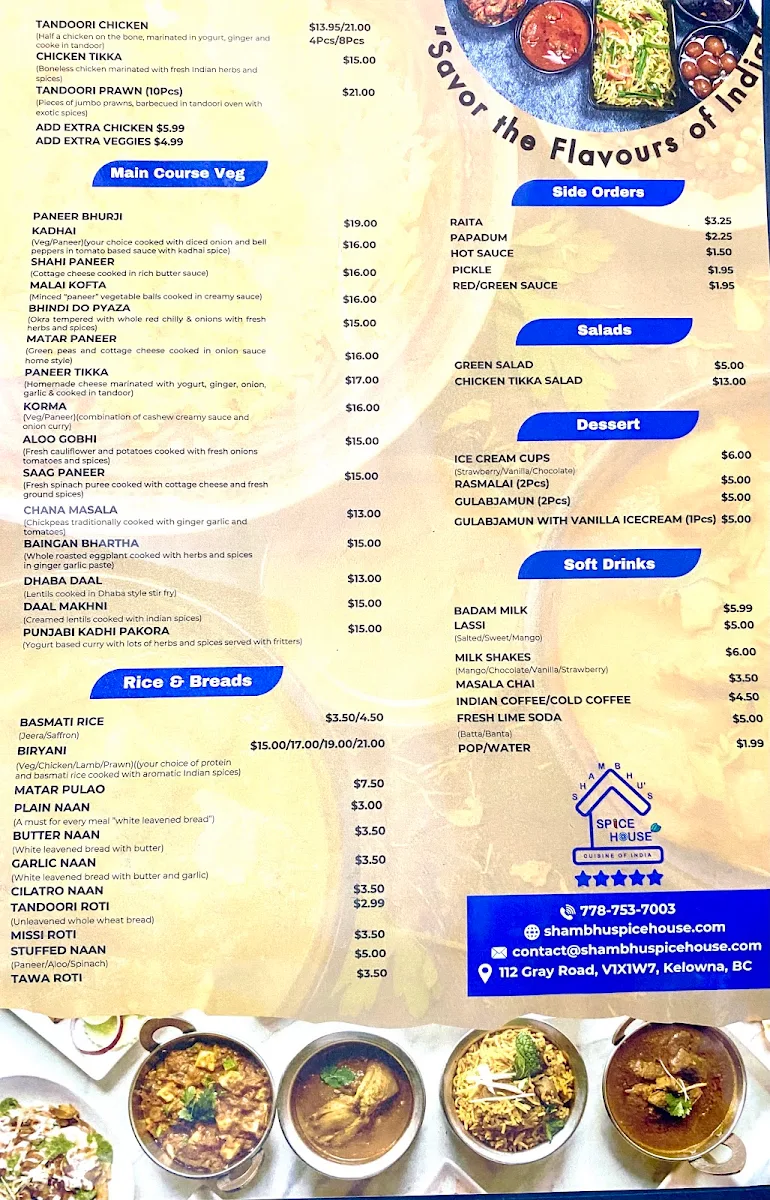 Menu, Shambhu's Spice House Cuisine of India | Indian Restaurant in Kelowna