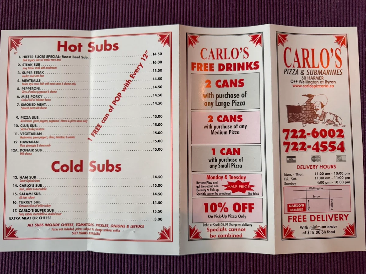 Menu, Carlo's Pizzeria