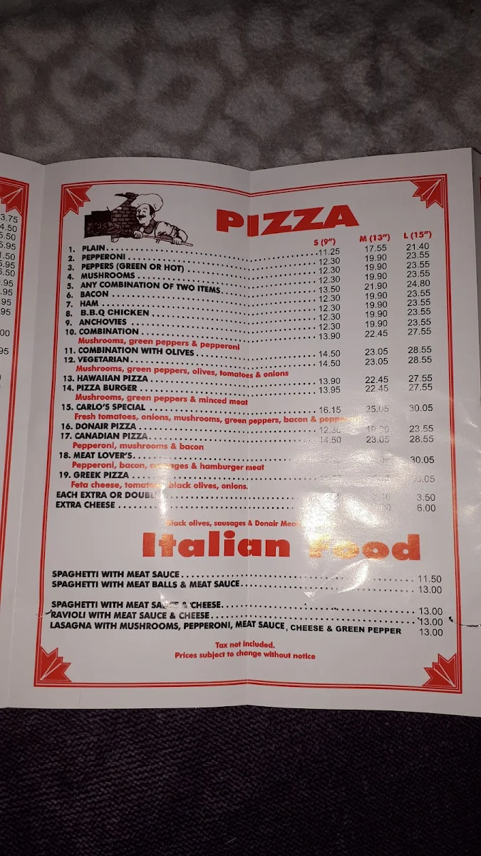 Menu, Carlo's Pizzeria