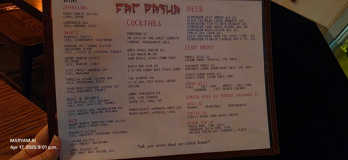 Menu, Fat Pasha
