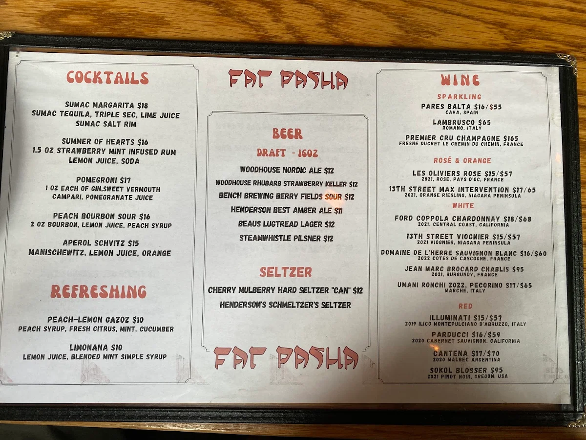 Menu, Fat Pasha