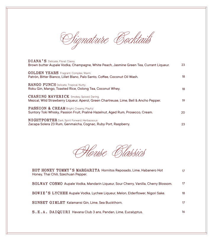 Menu, Bowie Speakeasy