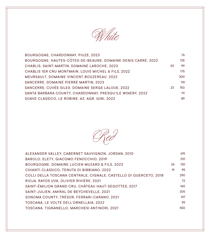 Menu, Bowie Speakeasy
