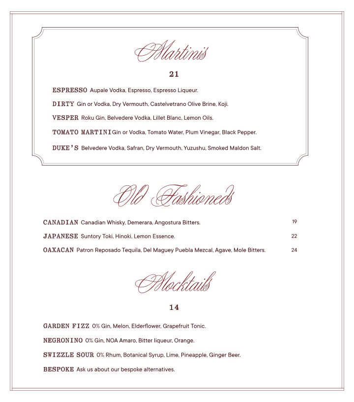 Menu, Bowie Speakeasy