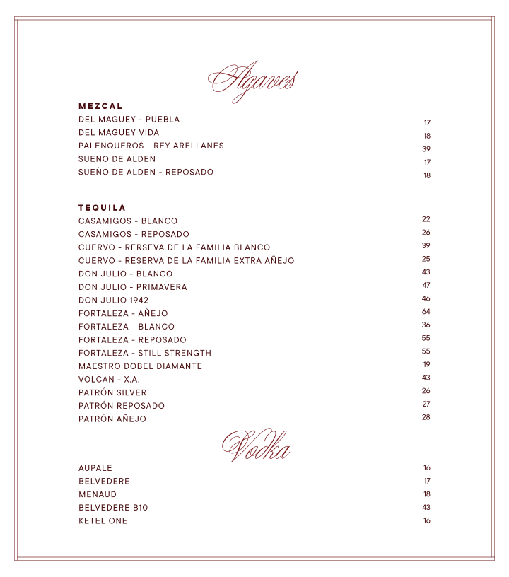 Menu, Bowie Speakeasy