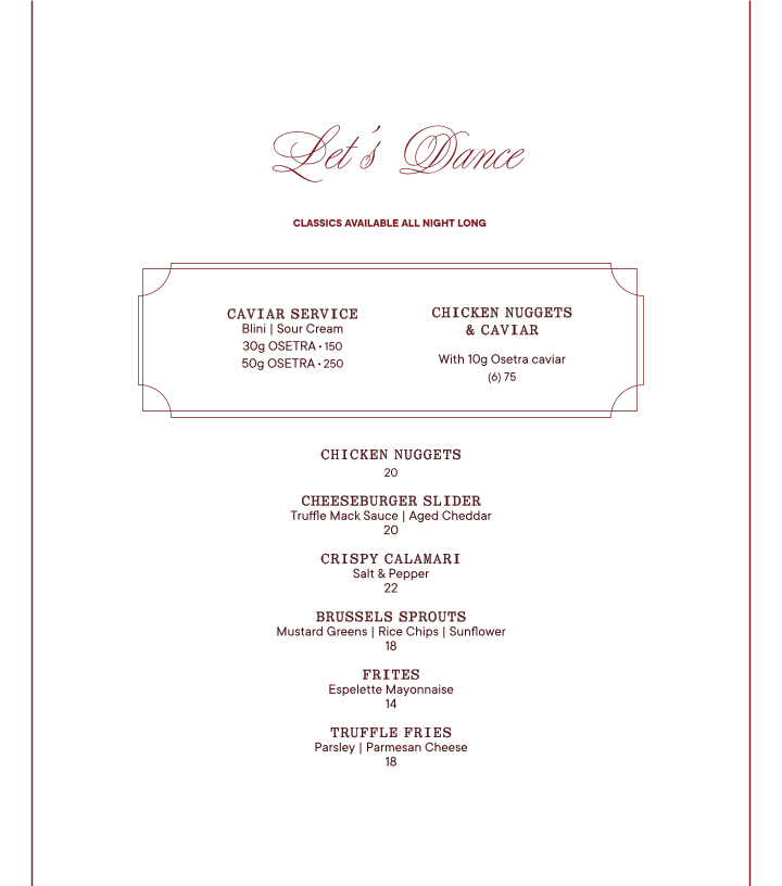 Menu, Bowie Speakeasy