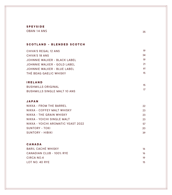 Menu, Bowie Speakeasy