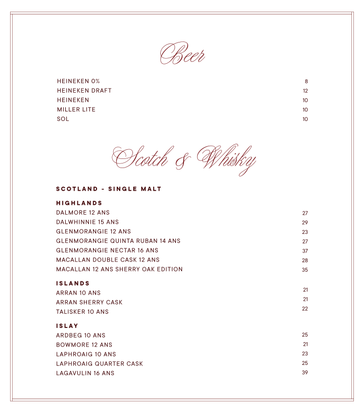Menu, Bowie Speakeasy
