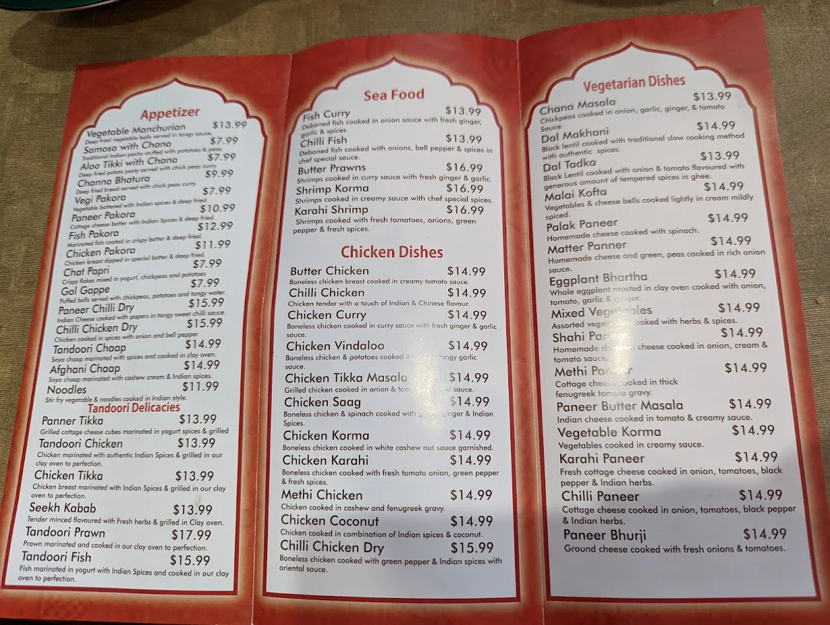 Menu, Mild Chili Indian Cuisine
