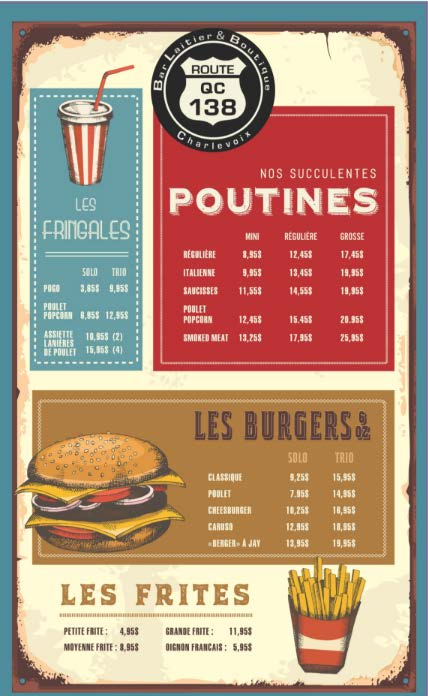 Menu, Casse-croûte Bar Laitier , Route 138/Confiserie Charlevoix